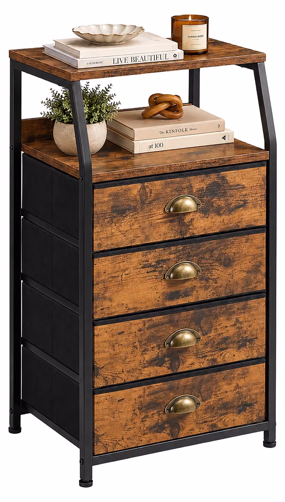 Comodino Relaxdays, dimensioni: 84,5 x 40 x 29 cm, 4 cassetti rivestiti in tessuto, metallo, MDF, ideale per ingresso o camera da letto, comodino in tessuto, colore marrone/nero