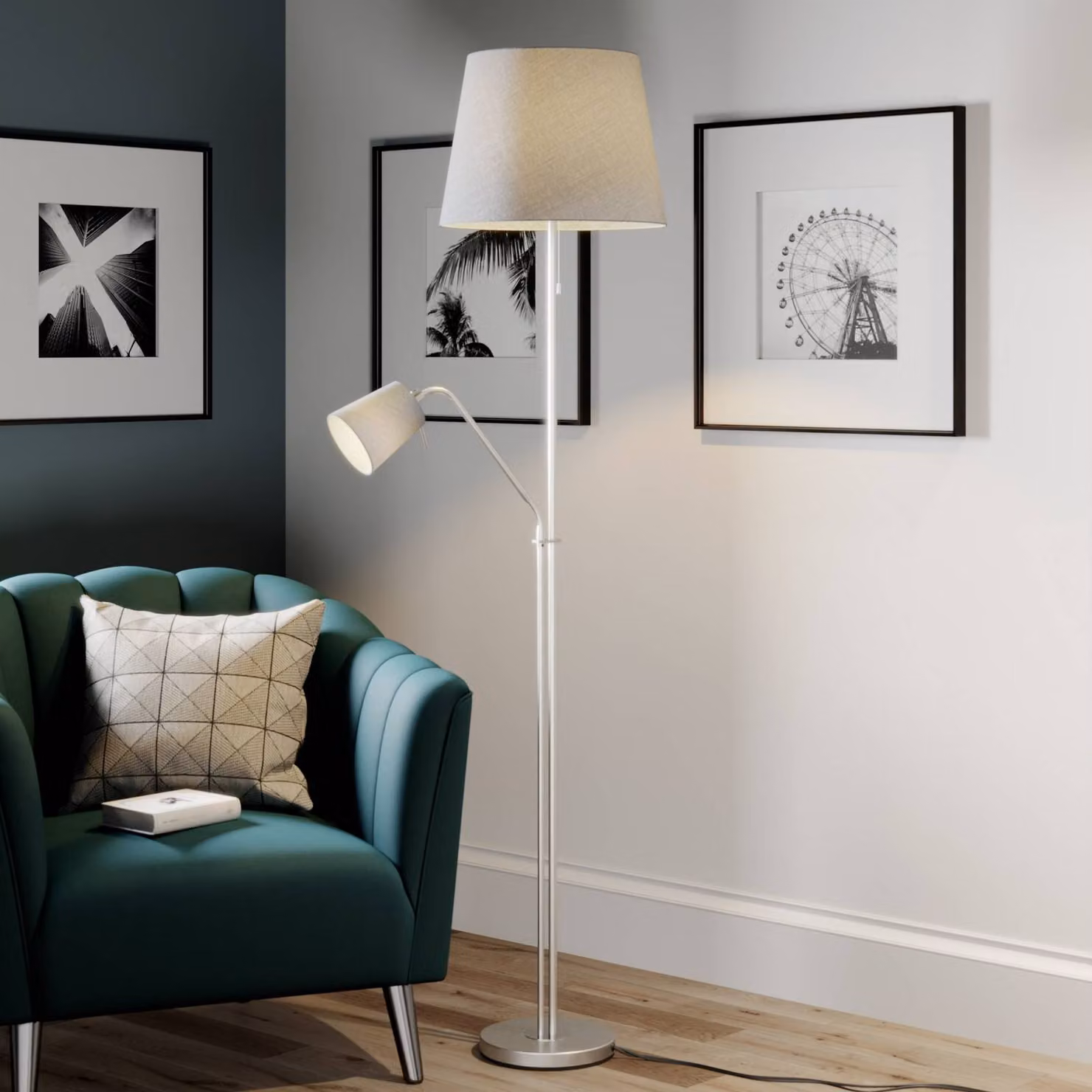 Lampada da terra Nantwin Lindby, Alluminio / Grigio / Zincato, Soggiorno / Sala da pranzo, Tessuto / Stoffa / Seta, Moderno, Lampada da terra