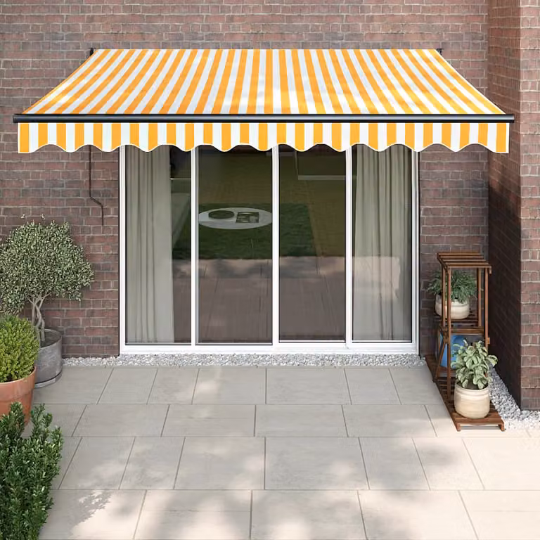 Tenda retrattile vidaXL con bracci pieghevoli in alluminio e tessuto in poliestere, colori giallo e bianco, L: 350 cm, P: 250 cm
