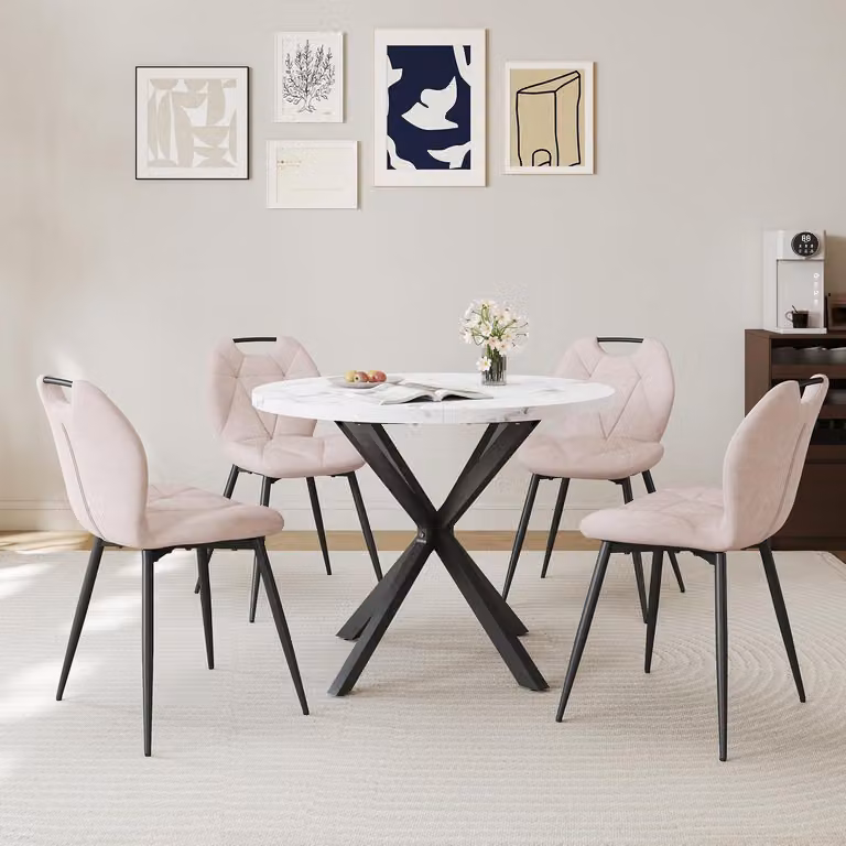 Set tavolo da pranzo rotondo con 4 sedie imbottite, stile nordico, motivo marmorizzato, colore beige, diametro 100 cm