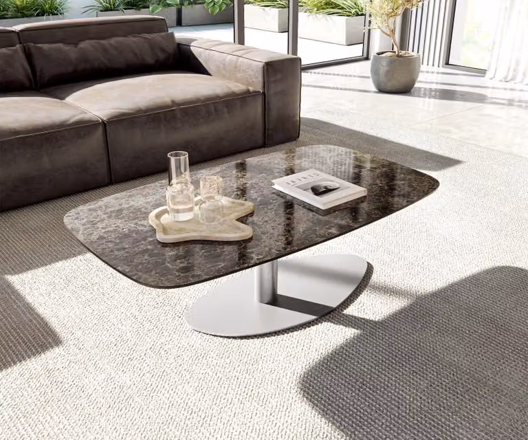 DELIFE Tavolino Edge Boot 120x70 cm Vetroceramica Emperador Extra Lucidato Marrone scuro Vibany Acciaio inossidabile spazzolato