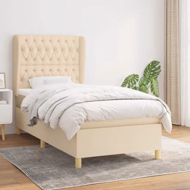 Letto Ibrido vidaXL con Giroletto a Molle e Materasso in Tessuto Beige e Bianco L/P/H: 203 x 103 x 128 cm