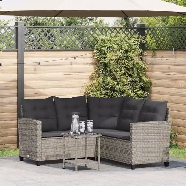 Divano da Giardino con Tavolo e Cuscini a L-Sofa da Giardino-Divano da esterno Grigio Polyrattan 554157