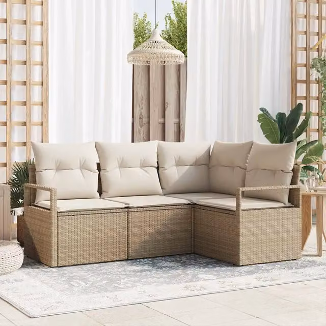 Set di divani da giardino a L vidaXL in rattan beige con cuscini inclusi e coperture rimovibili