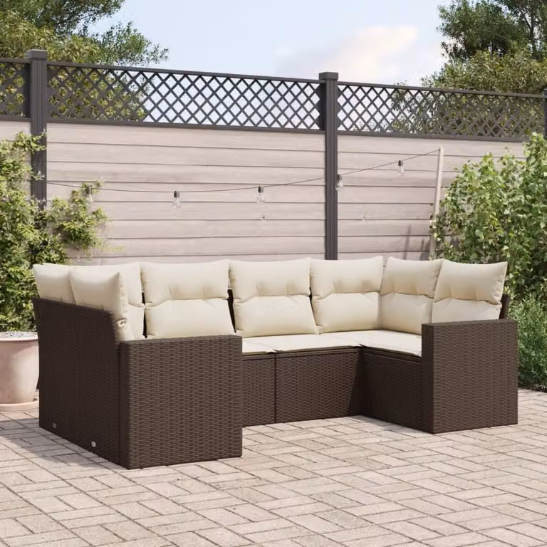 vidaXL Set Divano da Giardino a L 6 pz con Cuscini Marrone e Bianco in Polyrattan e Acciaio