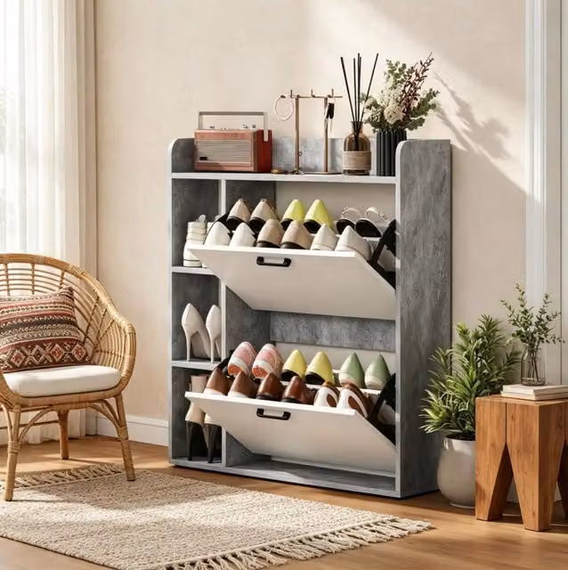 Mobile Porta Scarpe Moderno con 2 Scomparti Ribaltabili, Armadietto Salvaspazio per Ingresso e Appartamento, Bianco e Grigio, 83x24x90,5 cm