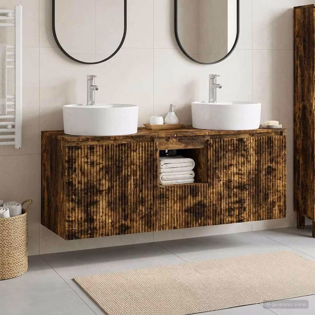 Set di 3 armadi da bagno moderni vidaXL in legno color rovere fumo L: 49,5 cm, P: 44,5 cm, H: 65 cm