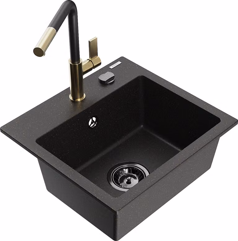 Mexen Milo lavello in granito a 1 vasca con miscelatore da cucina Flora, nero/oro metallizzato - 6505-75-670401-57-B