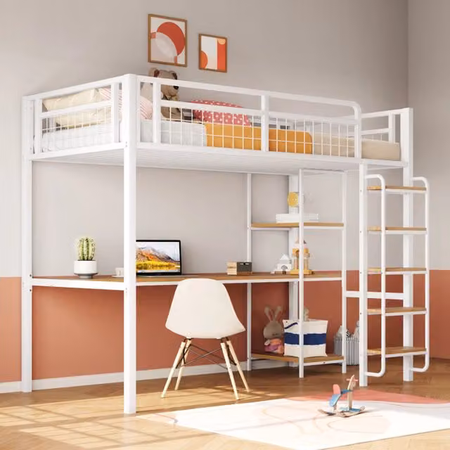 Letto a soppalco ULEVR 90x200 cm con scrivania, ripiani e scala a gradini, metallo bianco