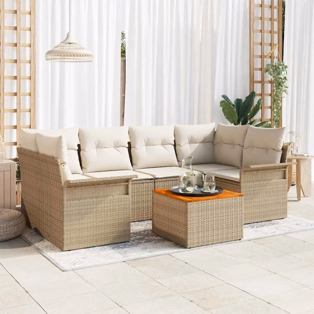 Set Divano da Giardino a L vidaXL 7 Pezzi Beige con Cuscini e Tavolino in Polyrattan e Acciaio
