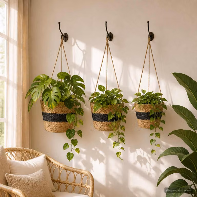 Set di 3 vasi sospesi vidaXL in rattan, colori beige, nero e marrone, Ø 26 cm x H 19 cm