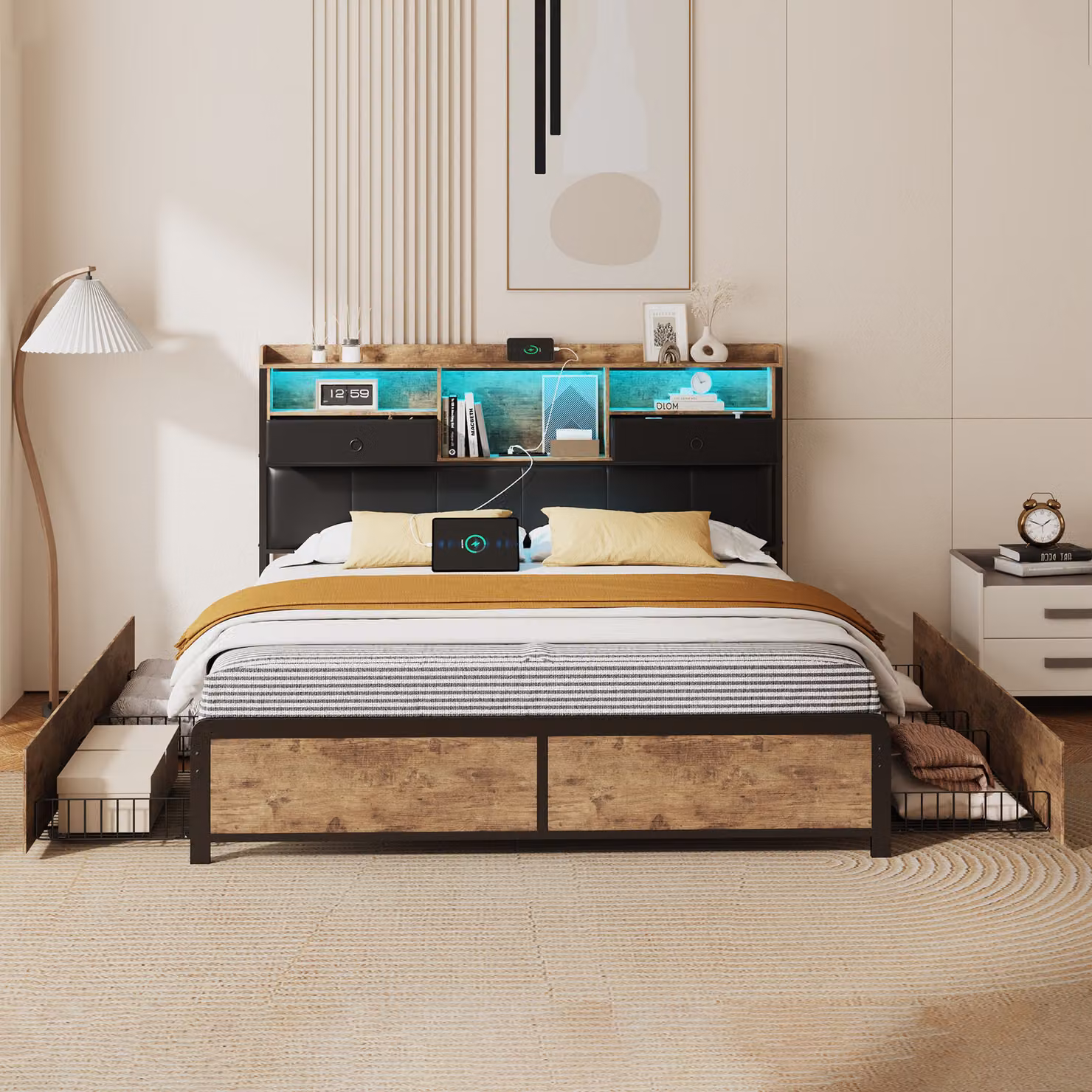 Letto in metallo letto matrimoniale imbottito 160x200cm, letto matrimoniale con USB e 4 cassetti, letto contenitore letto giovanile con rete a doghe e led, letto funzionale letto in legno massiccio, PU