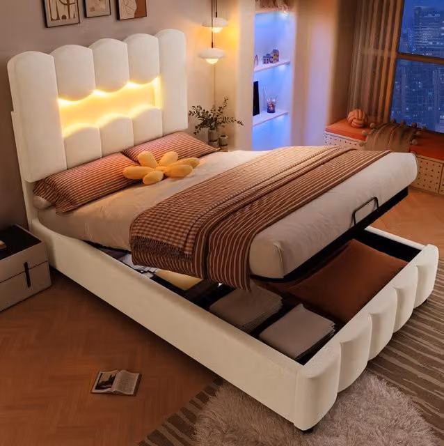 Letto imbottito 90 x 200 cm con contenitore idraulico; LED e testiera regolabile; velluto beige