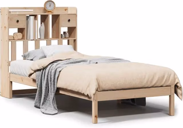 Letto singolo per adulti in legno di pino rustico marrone con libreria e scomparti laterali L: 75 cm, P: 190 cm, H: 110 cm – 1