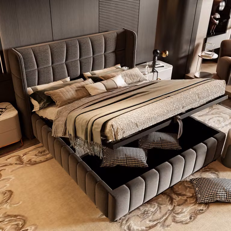 Letto matrimoniale MODFU 180 x 200 con meccanismo di sollevamento, letto imbottito con materasso e testiera allargata, letto per ragazzi con rete a doghe e telaio in lino, grigio