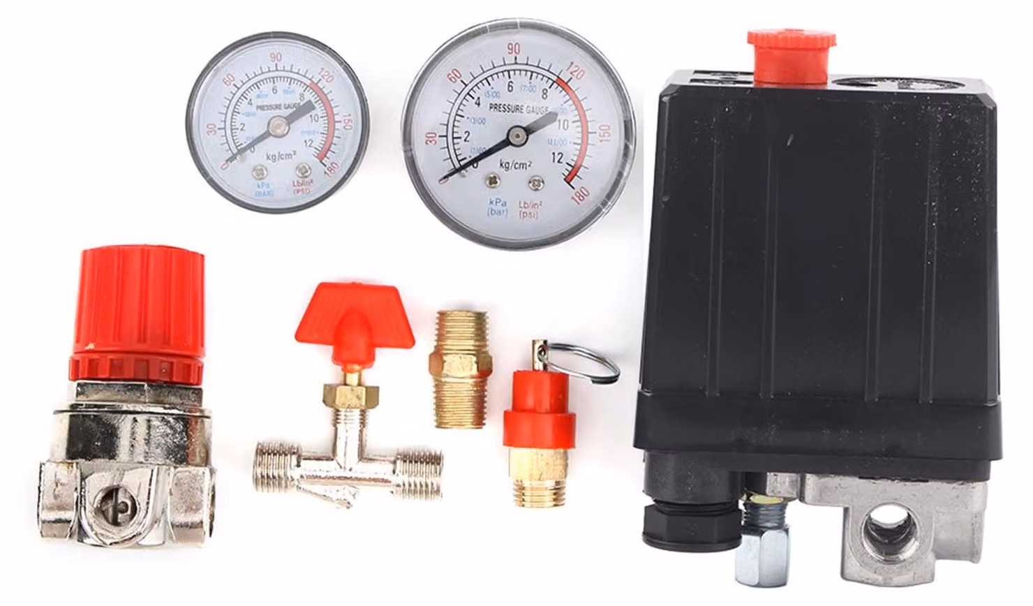 Interruttore di sicurezza per compressore d'aria, pressostato per compressore d'aria, valvola di sicurezza, collettore a 4 fori, illuminazione, regolatore, manometri, compressore d'aria