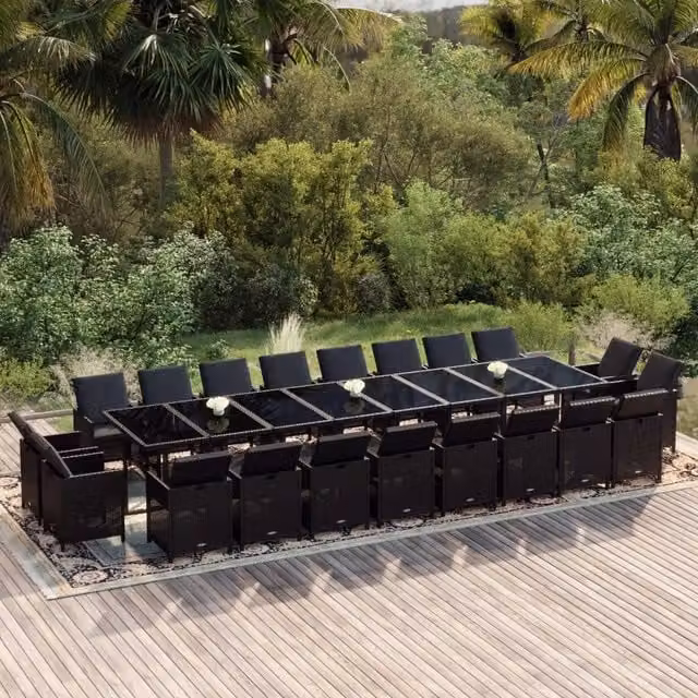 Set da pranzo da giardino vidaXL in polyrattan nero con cuscini e tavolo in vetro, 21 pezzi – 1