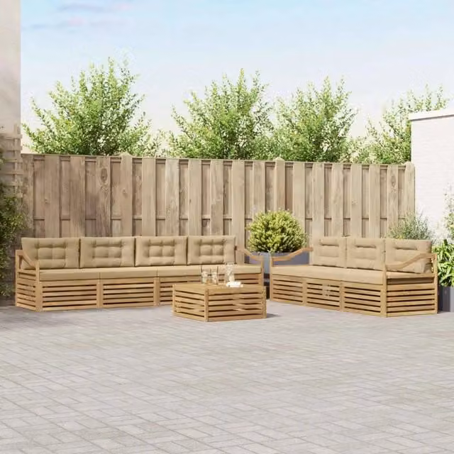 Set da giardino moderno vidaXL composto da 8 pezzi con divano a 3 posti, poltrone e tavolino da caffè, in legno di acacia trattato e tessuto resistente ai raggi UV, colore bianco e beige
