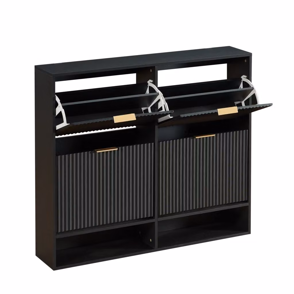 Scarpiera moderna da parete con 2 ante a ribalta e ripiano aperto in MDF nero L: 120 cm, P: 24 cm, H: 102 cm – 2