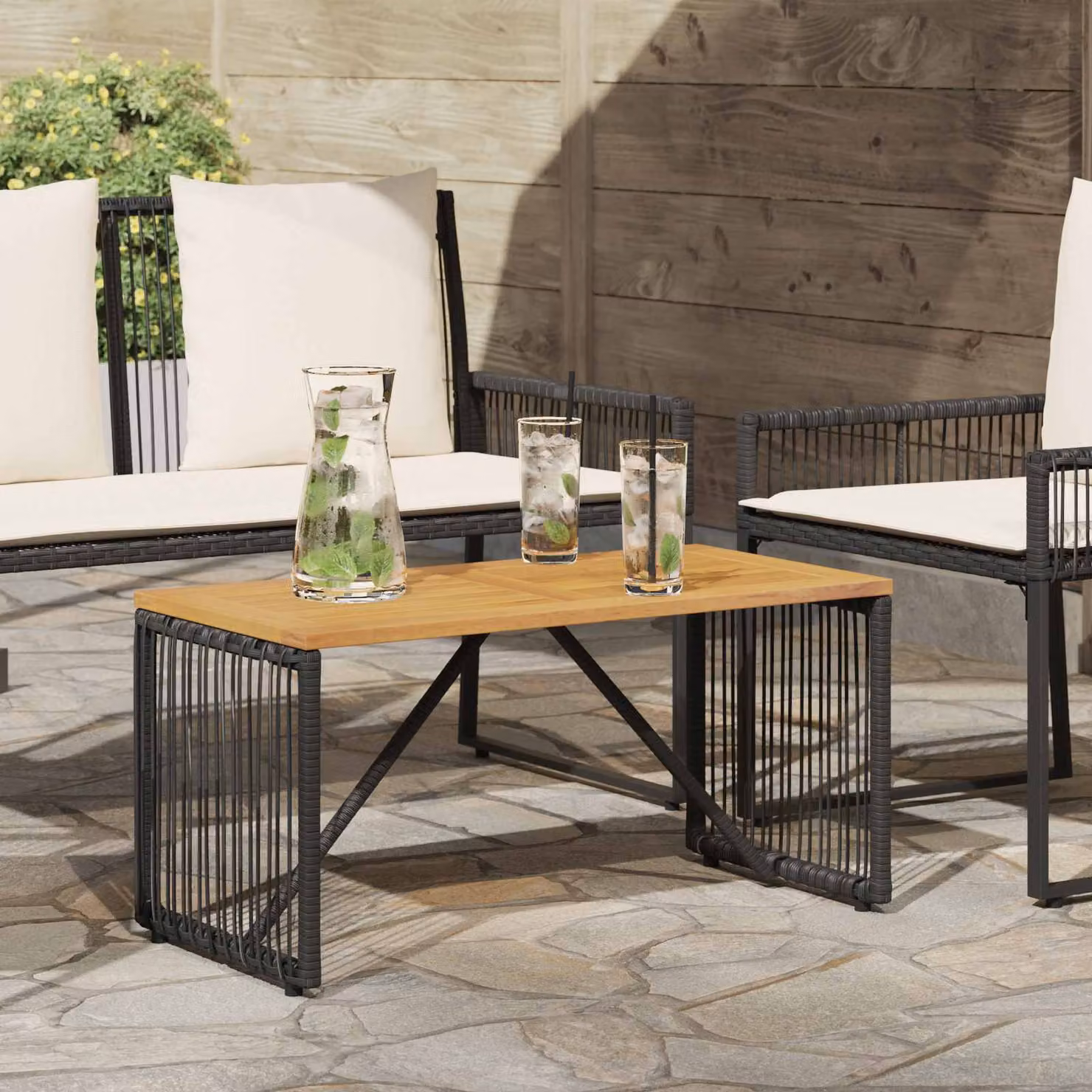 Tavolo da esterno rettangolare vidaXL in polyrattan e legno di acacia, nero e marrone, L 80 x P 40 x H 40 cm