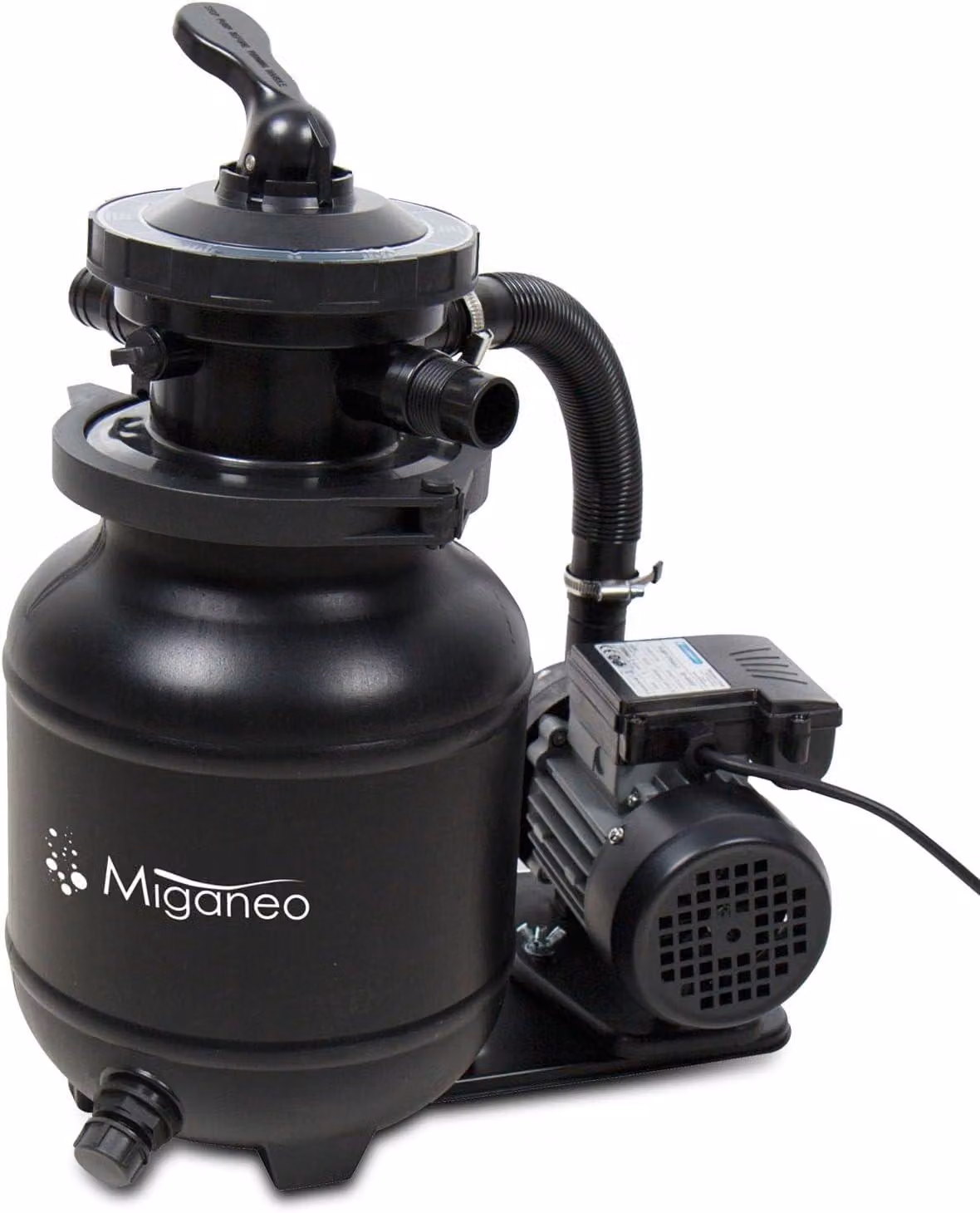 Sistema di filtraggio a sabbia da 6500, con una portata della pompa di 4,5 m³, disponibile nei colori blu, grigio e nero, ideale per piscine