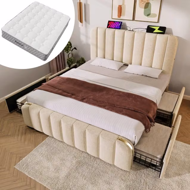 Letto imbottito 140x200 cm con 4 cassetti, USB e USB-C, in lino beige