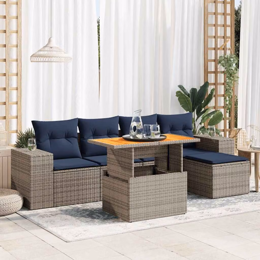 Set Divano da Giardino vidaXL 6 Pezzi in Polyrattan con Cuscini Grigio e Blu e Tavolino per Esterno