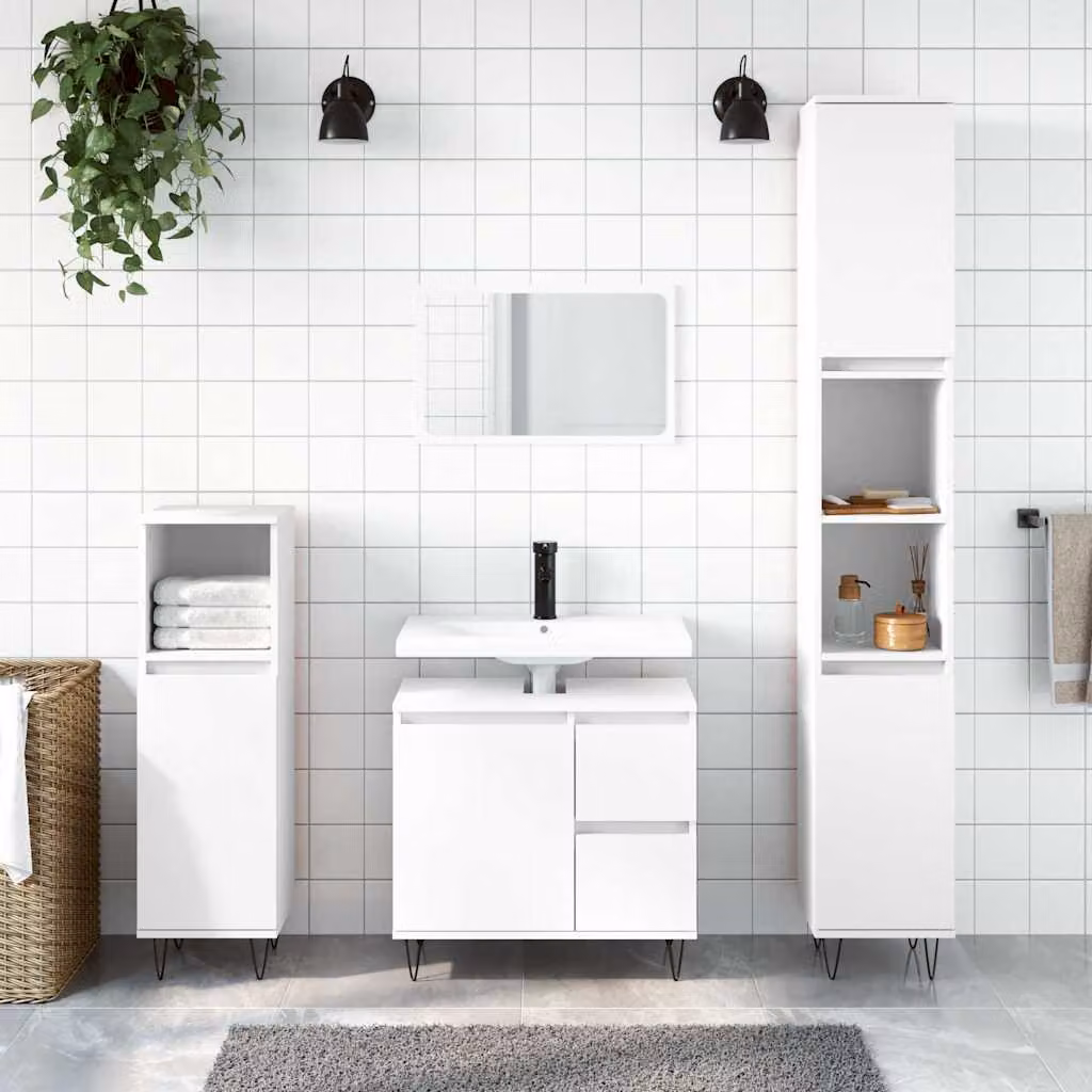 Set di mobili da bagno moderno vidaXL in 3 pezzi bianco lacca con legno e metallo