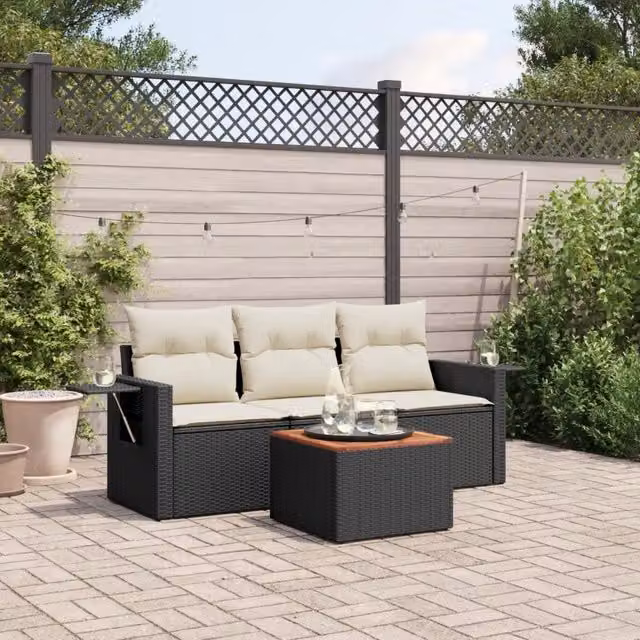 Salotto da Giardino-Set Divani da Giardino 4 pz con Cuscini Nero in Polyrattan 769683