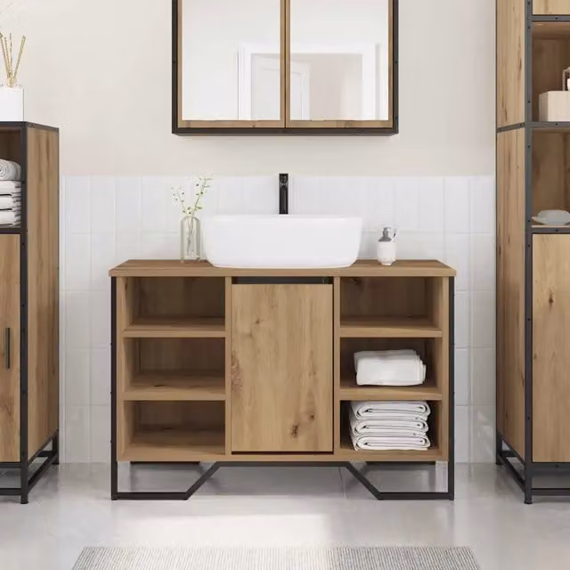 Armadietto da bagno vidaXL in legno rovere marrone con ripiani interni e ante a battente, L: 91 cm, P: 35 cm, H: 60 cm