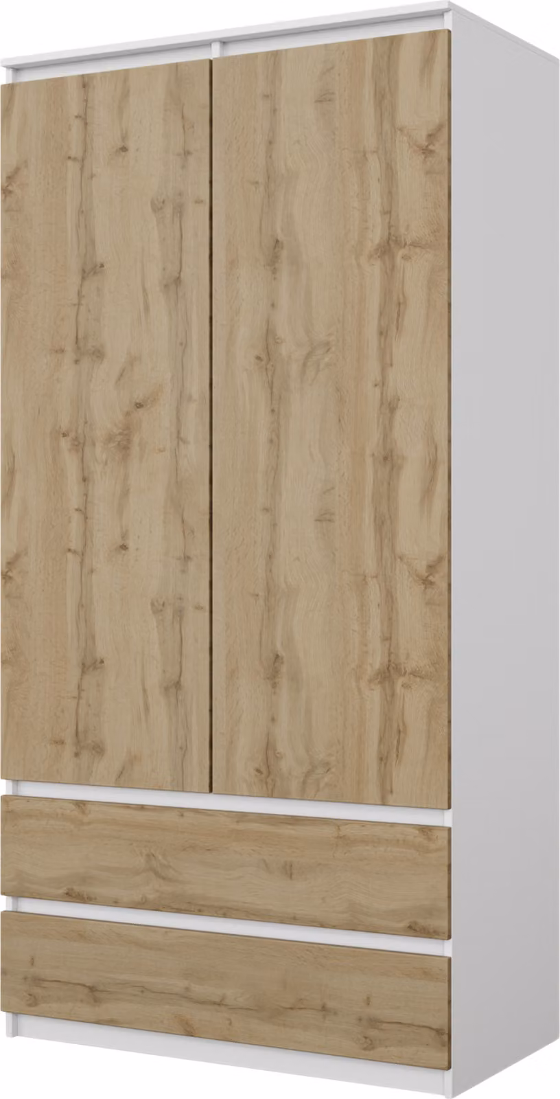 Armadio JOELLE 90 cm bianco opaco / rovere wotan, ante battenti, 2 ante, 2 cassetti, asta appendiabiti, 3 vani, L90 x A180 x P50 cm