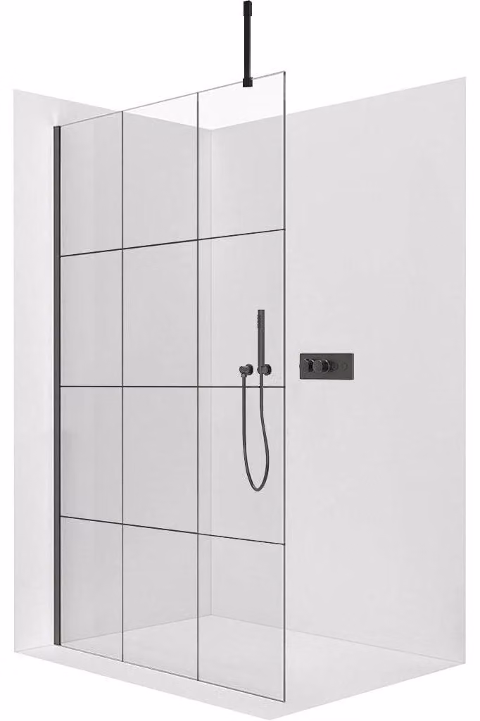 CERANO - Box doccia Walk-in Onyx Top Cube L/P - 8 mm - montante squadrato - nero opaco, vetro industriale - 150x200 cm