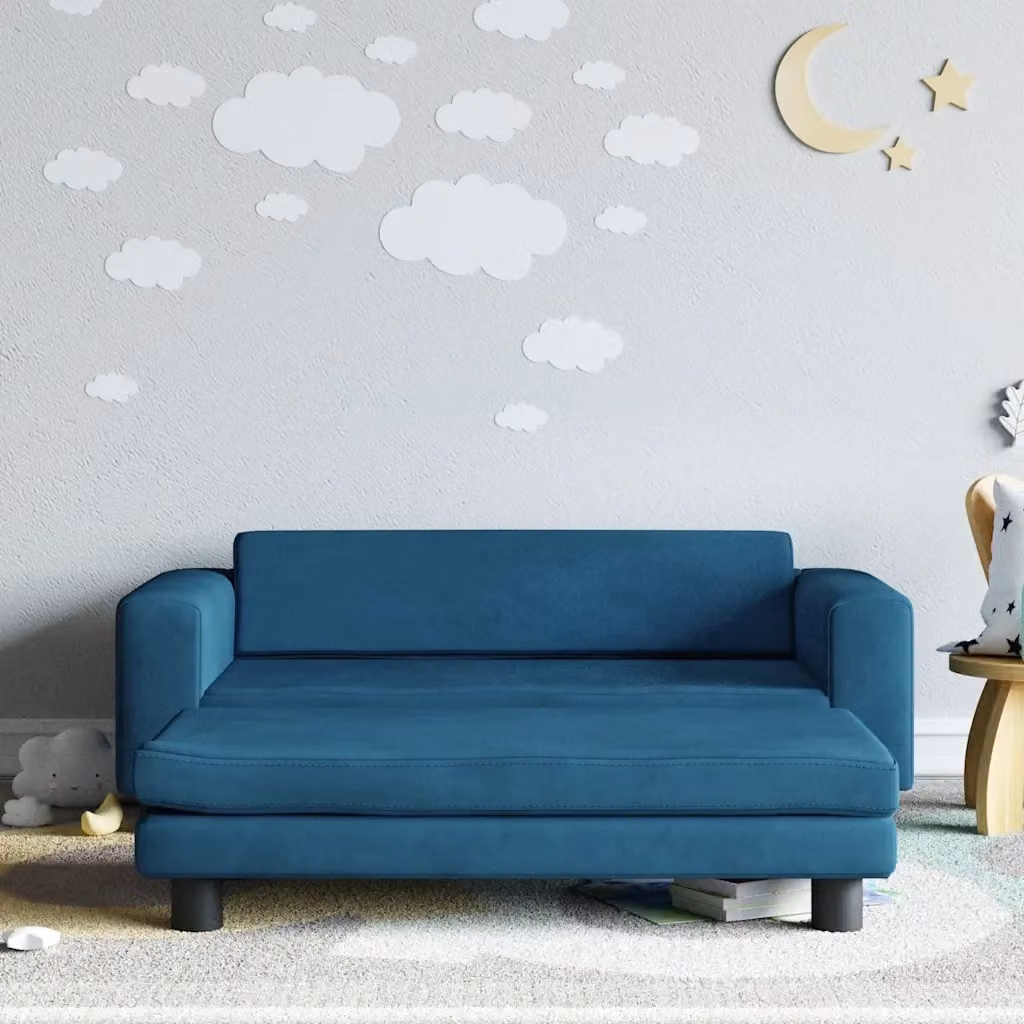 Divano per bambini con poggiapiedi in velluto blu, design moderno, L: 100 cm, P: 50 cm, H: 30 cm – 2