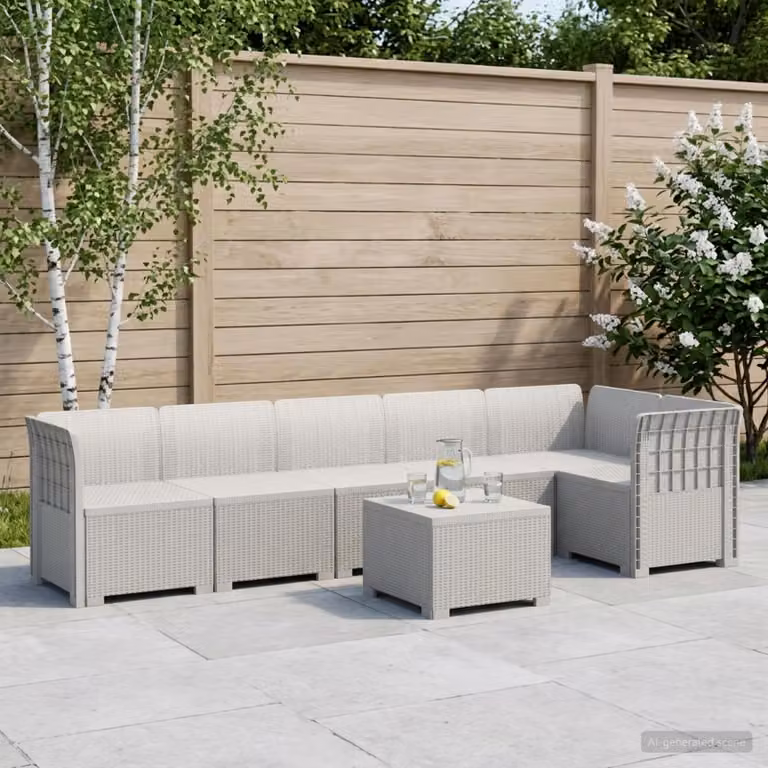 Set da giardino vidaXL a forma di L con divano da 6 posti, tavolino e cuscini, design moderno in rattan bianco e materiale resistente alle intemperie