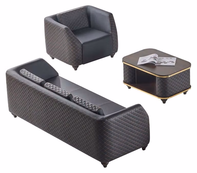 Sofa-Set 3-Sitzer Sessel Couchtisch Schwarz Braun Leder Polster Holz