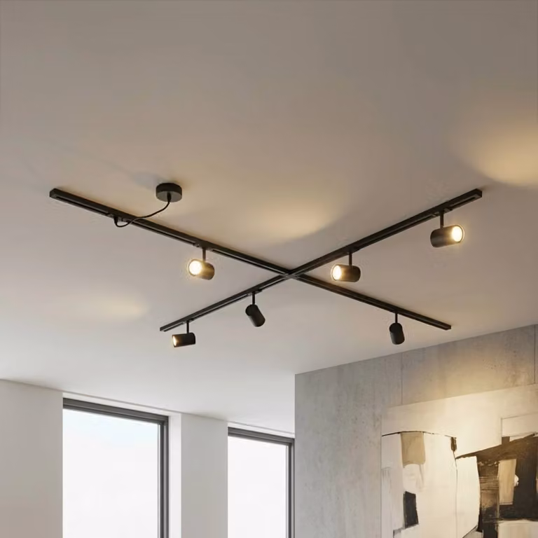 Sistema di binari Lindby Linaro, GU10, a 6 luci, nero, forma X Linaro, Nero, Soggiorno / Sala da pranzo, Alluminio, Moderno