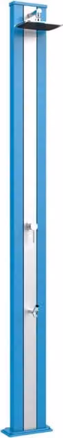 Doccia da esterno per giardino con miscelatore e lavapiedi Arkema Spring S in alluminio blu e fascia inox