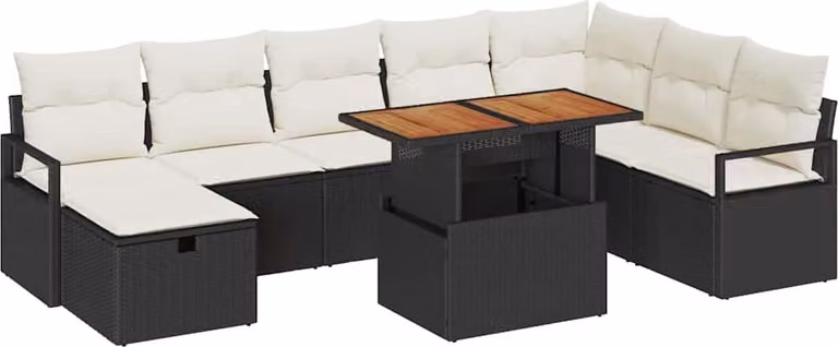 Set Divano da Giardino con cuscino 9 pcs Nero polyrattan
