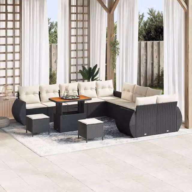 Set Divano da Giardino vidaXL a 13 posti a forma di U con Tavolino e Pouf, Colore Nero e Beige – 1