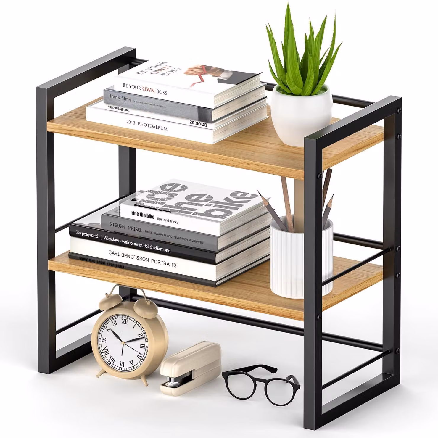 Omgoods - Organizzatore da scrivania in legno - Scrivania compatta - Scaffali per scrivania - Portacarrello per documenti - Organizzatore con scomparti - Nero - Soluzione di archiviazione
