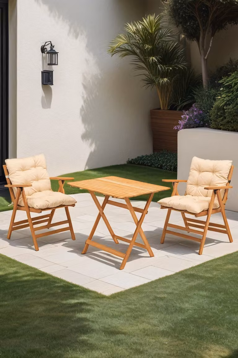 Skye Decor, Set di tavolo e sedie da giardino di alta qualità (3 pezzi) in legno di faggio, colore naturale/crema