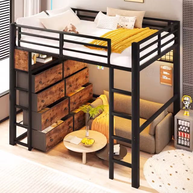 Letto a soppalco 140 × 200 cm con 8 cassetti, ripiani, pannello forato e LED regolabile, senza materasso, nero