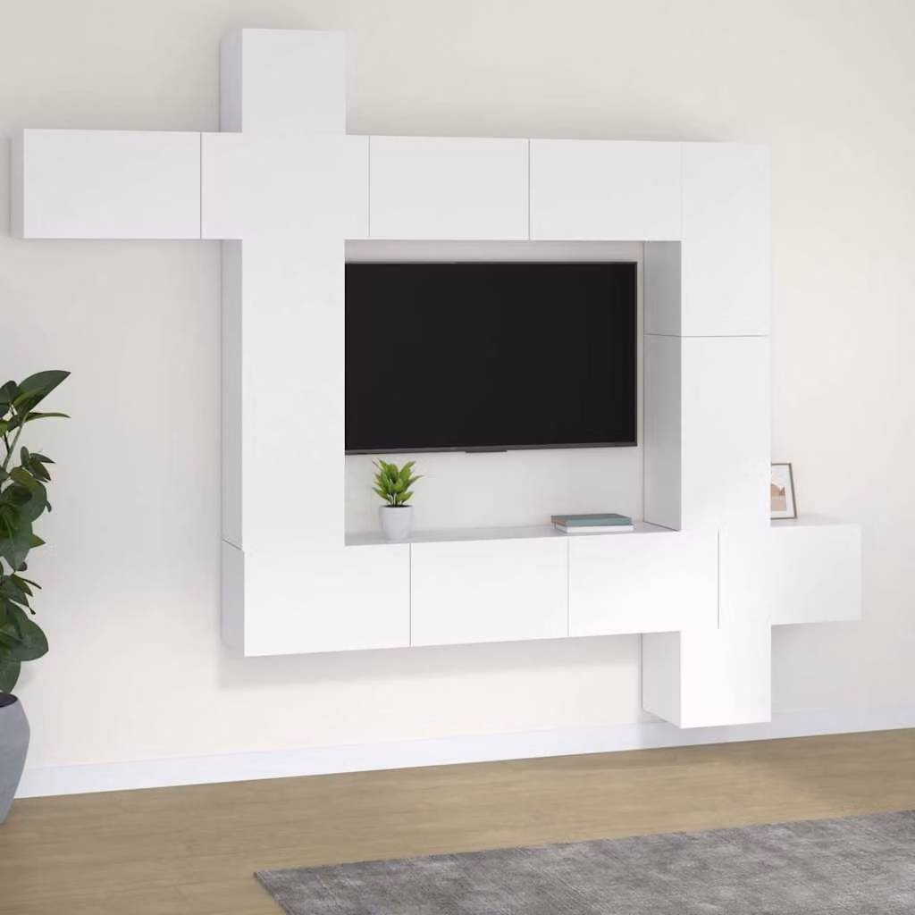 Set di mobili porta TV da 9 pezzi vidaXL in legno multistrato e MDF bianco per soggiorno con montaggio a parete – 1