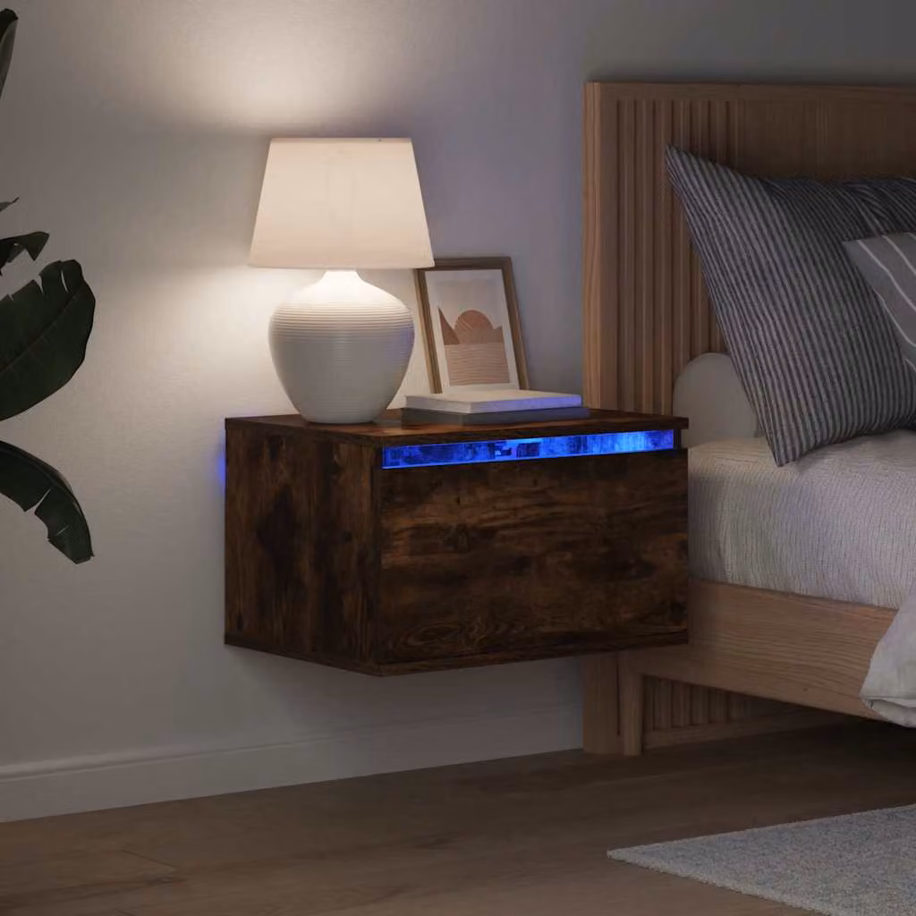 vidaXL Comodino a Parete Moderno con Luci LED Integrate in Rovere Fumo e Marrone