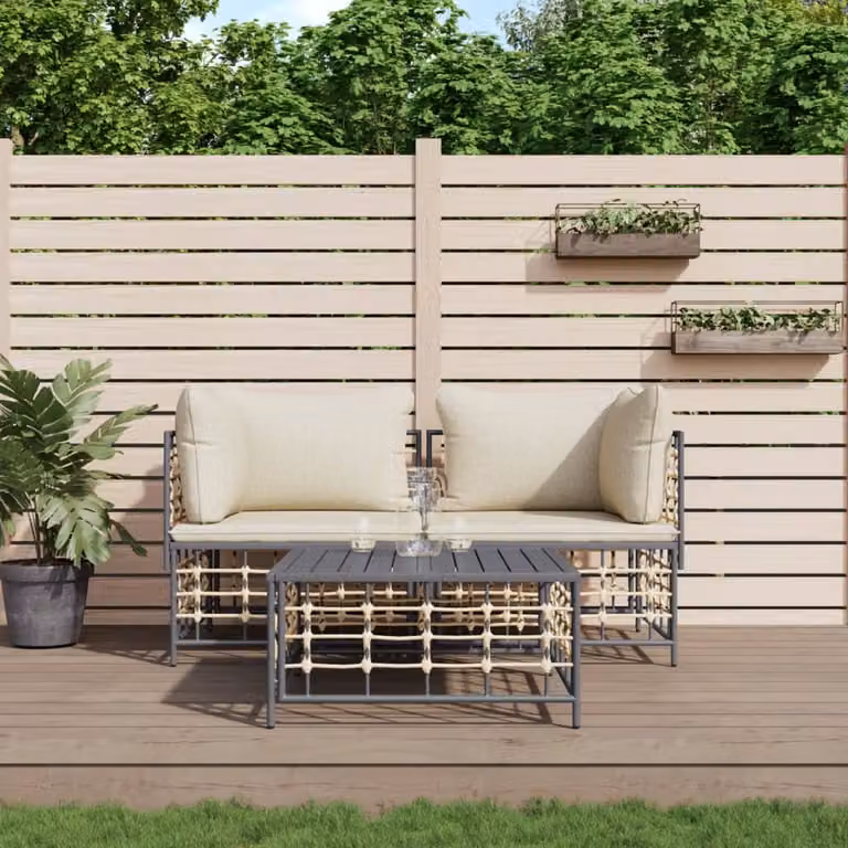Set Divani da Giardino vidaXL a Forma di L con Cuscini Antracite e Beige e Tavolino da Esterno in Polyrattan e Acciaio