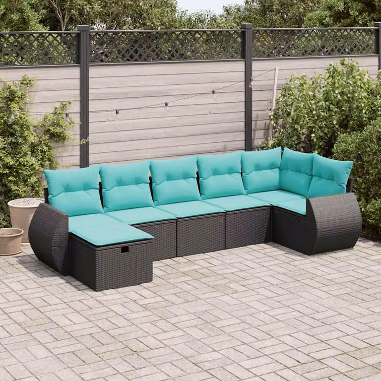 Set Divano da Giardino a L vidaXL con 7 Cuscini, Struttura in Metallo e Polyrattan, Colore Nero e Blu