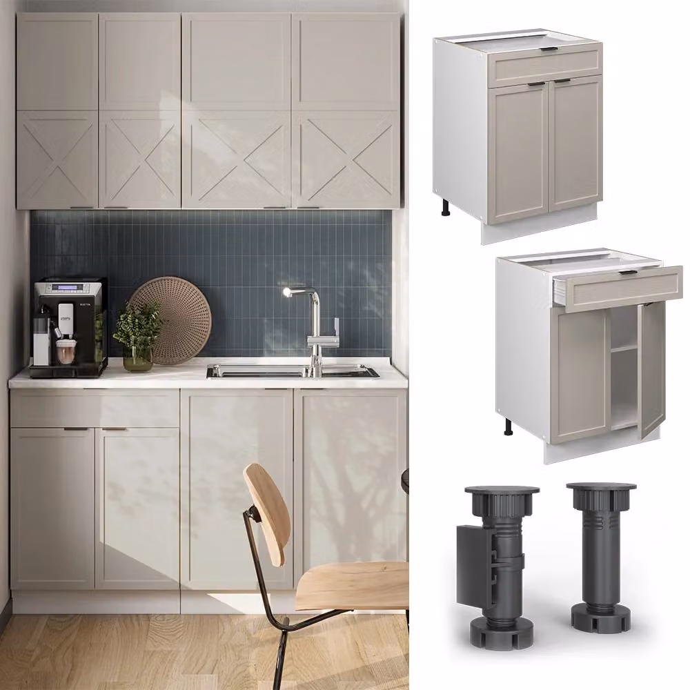 Mobiletto base per cucina Vicco Fame-Line Grigio Beige/Bianco con cassetto, senza piano di lavoro, L: 60 cm – 2