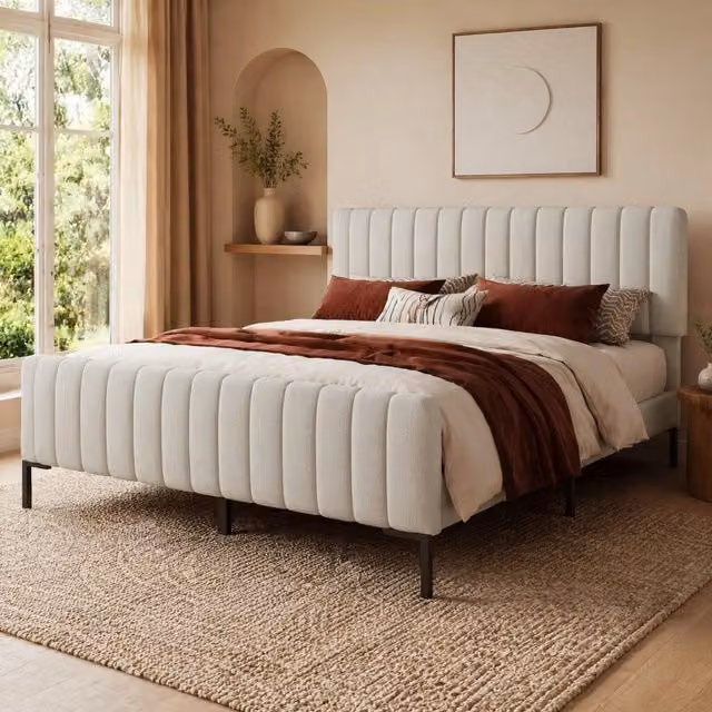 Letto matrimoniale imbottito 160 × 200 cm con rete a doghe testiera regolabile in lino grigio beige