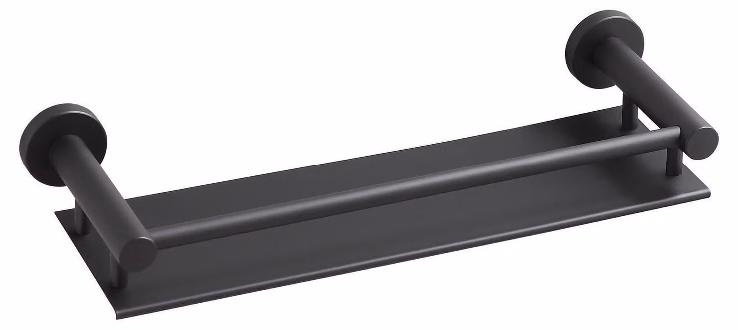 Ripiano da bagno da montare a parete, 40 cm, nero opaco, resistente alla ruggine, con barra di protezione