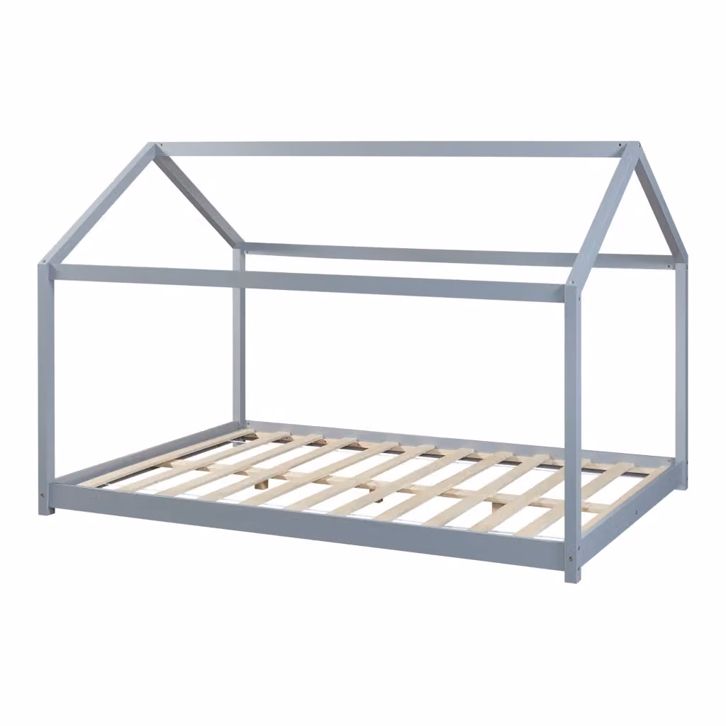 Letto per cameretta en.casa a forma di casetta in legno di pino, Grigio, L 140 x P 200 cm – 2